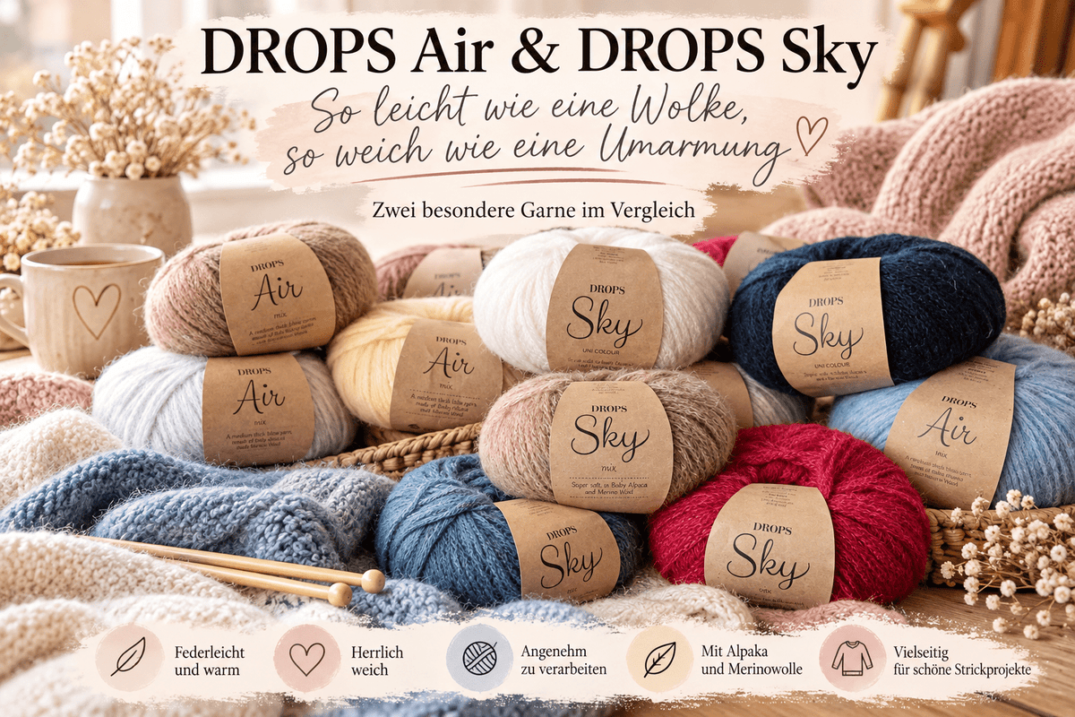 DROPS Air und DROPS Sky in verschiedenen Farben – Vergleich der leichten und weichen Alpaka-Garne bei WollStory.